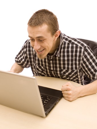Man with laptop on white