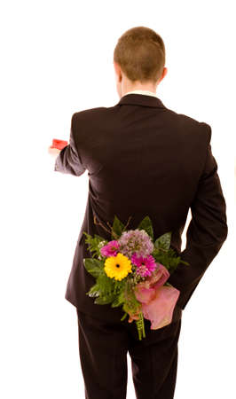 Man with flowers on white backgroundの写真素材