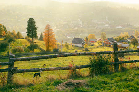 Autumn in the mountains. The village on the slopes of the Carpathians.の写真素材