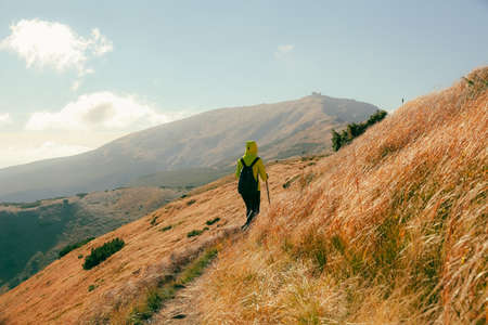Back view of a man with a backpack on the top of a mountain.の写真素材