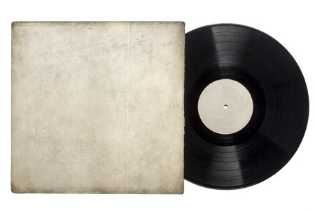 Image of a vinyl long play record with sleeve on a white background with space for copy の写真素材