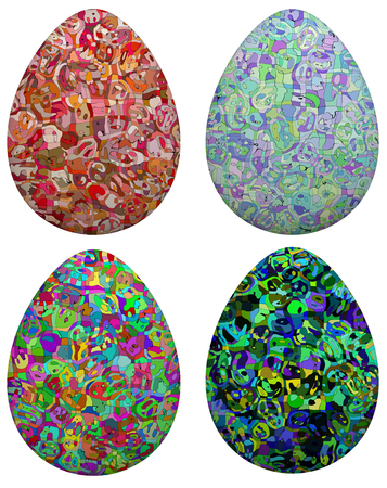 Four colorful, patterned egg shape designs on a white background の写真素材