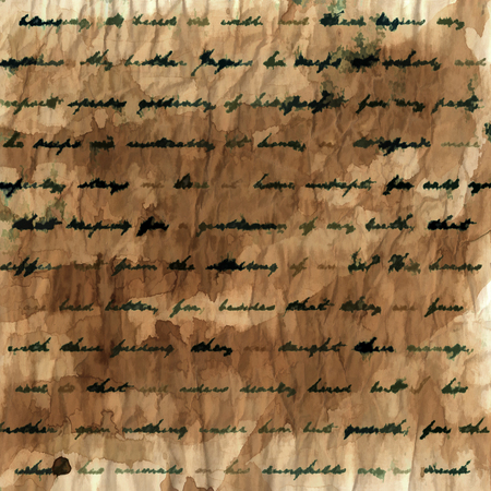 Smudged handwriting on old,crumpled and stained paper background.の写真素材