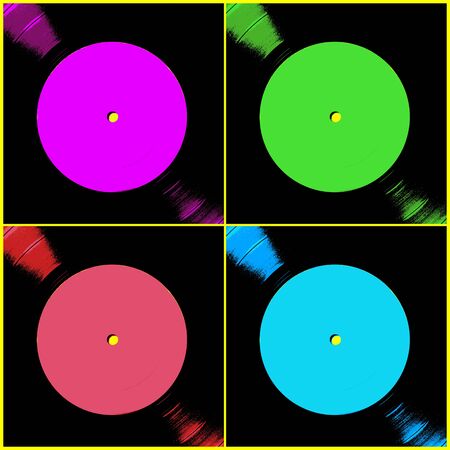 Digital illustration of four vinyl record labels with space for copy.の写真素材