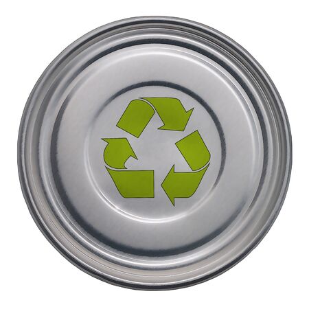 Lid of tin can with green recycle symbol isolated on whiteの写真素材