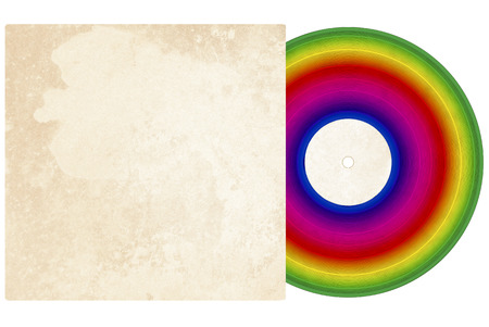Illustration of a vinyl record with rainbow colors and a textered sleeve with room for copy on a white background.の写真素材