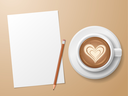 Realistic top view paper note with pencil and coffee cup.のイラスト素材