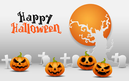Happy Halloween. Group of 3D illustration pumpkin on treat or trick fantasy fun party celebration purple background design.のイラスト素材