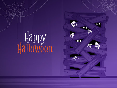 Happy Halloween. Group of 3D illustration pumpkin on treat or trick fantasy fun party celebration purple background design.のイラスト素材