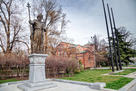 Statue of King Samuil and the St Sofia church in Sofia, Bulgariaの写真素材