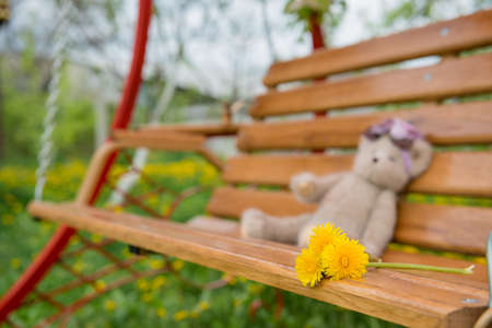Swing bench near children house in garden with trees and grassの写真素材