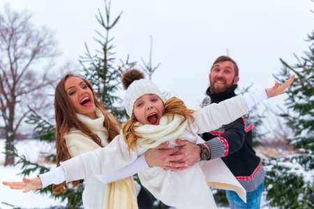 Family Having Fun Flying Daughter on the snow