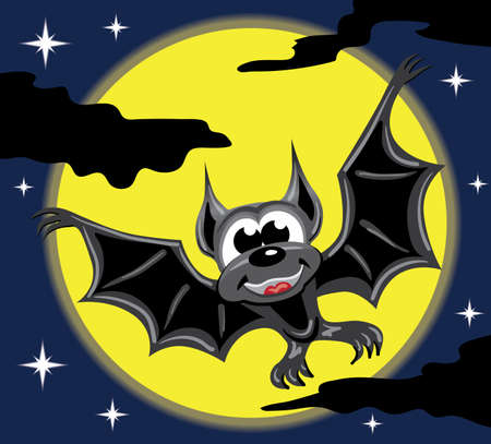Black bat in front of yellow moon and night sky with black clouds and starsのイラスト素材