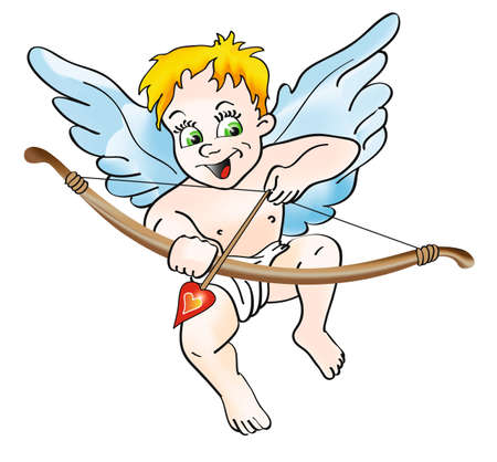 Cupid with bow ready to shoot. Little angel with wings, bow and heart shaped arrow.