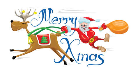 Santa is hanging behind reindeer which running fast. Merry Christmas funny card with riding reindeer.のイラスト素材
