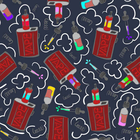 Dark seamless pattern with electronic cigarettes and liquids. Vaping box-mods, juices, coils and clouds.のイラスト素材