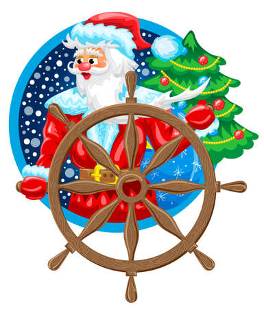 Santa Claus the Sailor on ship with steering wheel and furtreeのイラスト素材
