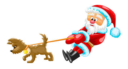 Santa Claus is walking and pulling the little dogのイラスト素材