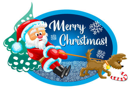 Santa Claus is walking with little dog near Christmas treeのイラスト素材