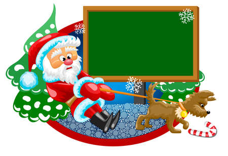 Santa Claus is walking with little dog in front of green boardのイラスト素材