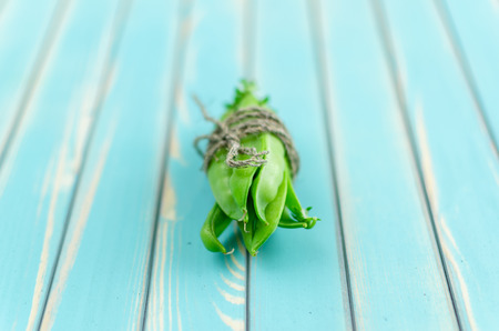 A bunch of fresh pods of green peas roped with a twine on stylized old aged wooden turquoise board background close-up, with selective focus. Rustic background with free text space.の写真素材
