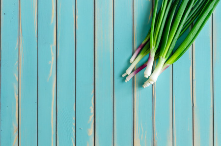 A bunch of fresh green spring onions also known as salad onions or scallions on stylized old aged wooden turquoise table background, top view. Rustic background with free text space.の写真素材