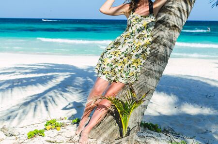 Beautiful, sexy body of young adorable caucasian woman in patterned summer dress staying near palm tree over background of turquoise sea at tropical exotic sandy beach  in the Caribbean sea, Mexicoの写真素材