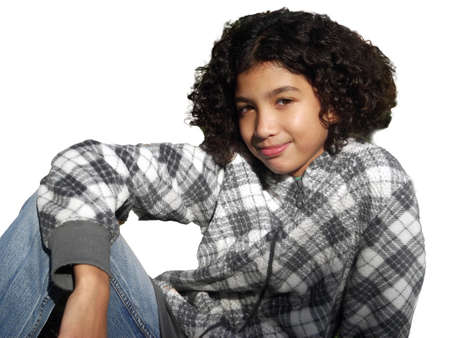 Soft Skin Young Girl with Curly Hair isolated on White backgroundの写真素材