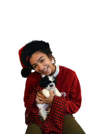 Mixed race teenage girl holding Shih Tzu Puppyの写真素材