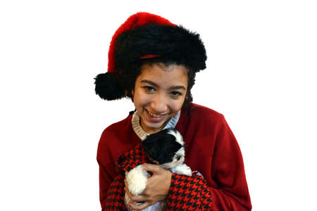 Mixed race teenage girl holding Shih Tzu Puppyの写真素材