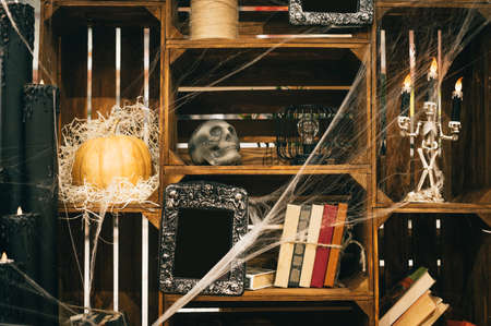 Close photo. Decor for Halloween on the shelves of the closet. Skull, pumpkins, cobwebs, books, candlesticks on shelves decorated for Halloween. Backgroundの写真素材