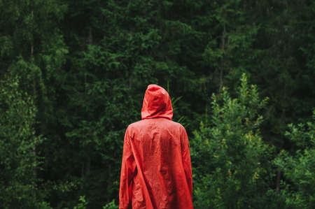 Minimalistic shot, back view on a mountain fir forest background. Man in a red jacket standing in front of a greenery. Background, travel concept, copy space, contrast.の写真素材