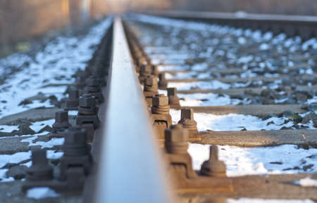Close view of a railway track at winterの写真素材
