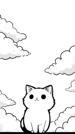 A cartoon cat is depicted gazing upwards with a backdrop of fluffy clouds. The illustration features a clean, grayscale style with distinct lines. The composition suggests an outdoors environment. This image is suitable for various commercial uses, including website design and educational materials.の素材