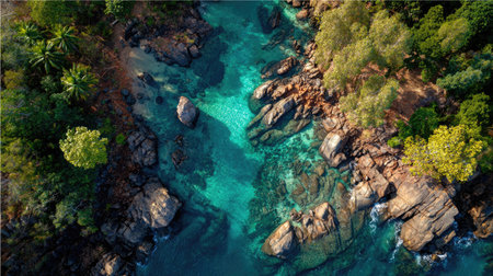An aerial perspective showcases a vibrant scene of turquoise water meandering through a landscape dominated by rocks and green vegetation. The composition features a natural aesthetic with a high-angle shot. This image could be suitable for environmental, travel, or nature-related commercial projects and editorial use.の素材