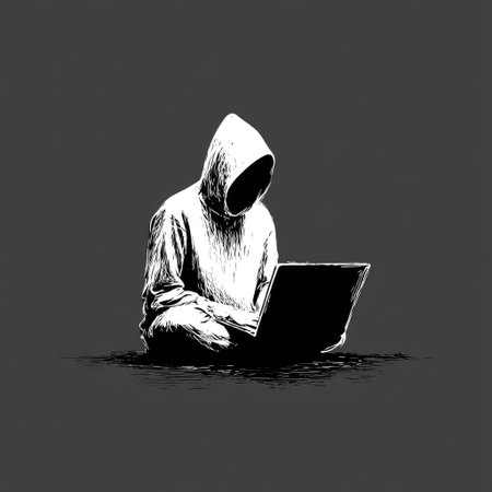A hooded figure is depicted seated with a laptop on their lap in this illustrative image. The grayscale artwork emphasizes contrast, employing high-key lighting to highlight textures. The composition creates a minimalist style. Suitable for diverse editorial and commercial applications such as articles and digital content.の素材