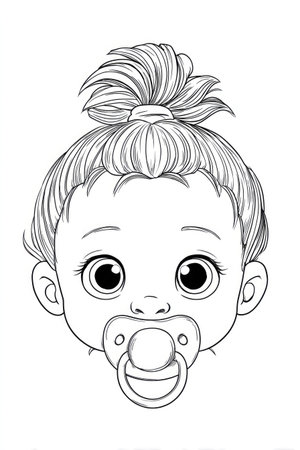 This black and white illustration depicts a baby's face featuring a pacifier. The image has a clean, line art style with detailed features. The composition is a close-up, centered on the face. Suitable for various applications, this image could be used in educational materials or design projects.の素材