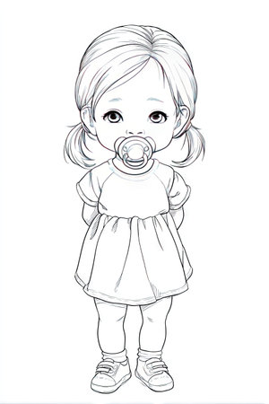 This black and white illustration portrays a young girl with pigtails holding a pacifier. The artwork features soft lines and shading, giving a gentle feel. The composition is straightforward, focusing on the girl. Suitable for various projects, it can be used for illustrations in children's books, educational materials, or other creative endeavors.の素材