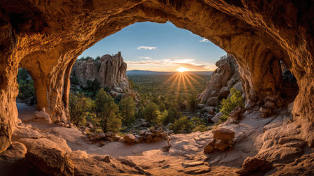 A cave archway frames a scenic outdoor landscape featuring a setting sun. The image showcases natural rock formations and vegetation under sunlight. This composition presents warm colors, textures and creates a sense of depth and perspective. This photograph could be useful for travel or environmental themes.の素材