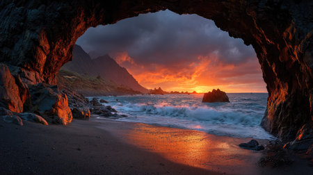 A stunning sunset scene showcases a rock archway overlooking a beach with ocean waves. The sky displays vibrant orange and red hues. The composition features a naturalistic, outdoor environment with textural elements of stone, water, and sand, suitable for scenic, travel-related, and inspirational projects.の素材