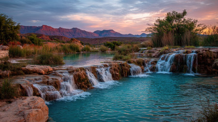 A stunning waterfall flows into a vibrant turquoise pool, framed by layered rock formations. The image displays a natural landscape with lush greenery, and a colorful sunset illuminating the distant mountains. The photograph's visual characteristics and natural beauty make it suitable for various commercial and editorial applications.の素材