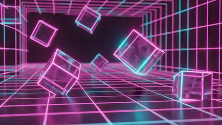 An abstract digital artwork features transparent cubes illuminated with neon colors, arranged within a grid structure. The composition utilizes a palette of pinks and teals against a dark backdrop. This creates an atmosphere of futuristic design. Suitable for various creative and commercial applications.の素材