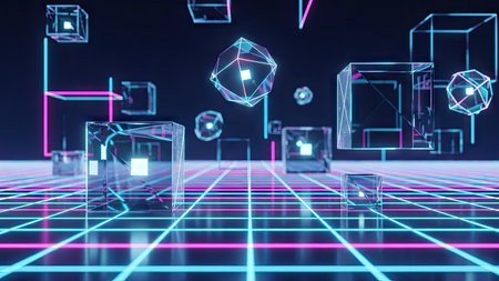 This abstract artwork features transparent cubes suspended above a neon grid. The cubes are rendered with intricate details and are illuminated with glowing highlights. The color palette emphasizes blue and pink hues, creating a futuristic atmosphere, possibly suitable for technology or digital design projects. The composition appears digitally created, offering space for various applications.の素材