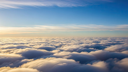 An aerial perspective showcases a vast cloud formation against a clear, azure sky. The image features soft, white clouds illuminated by warm sunlight, suggesting daytime. The composition offers ample copy space and is suitable for various commercial applications, including travel, environmental, or abstract concepts.の素材