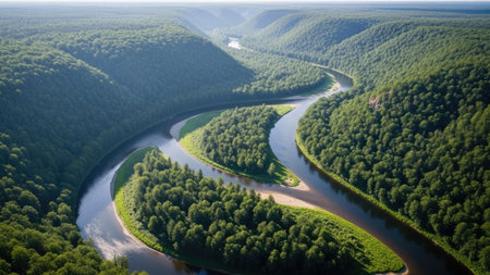 An aerial photograph showcases a river meandering through a dense forest. The scene is dominated by vibrant green trees and the winding river reflects the sky. The composition emphasizes natural beauty, with sunlight illuminating the landscape. Suitable for commercial applications such as environmental themes.の素材