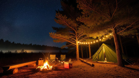 A night scene presents a campsite lit by a crackling campfire and festive string lights. A green tent stands near wooden benches and camping chairs. Warm tones dominate, reflecting the glow against surrounding trees. The atmosphere suggests peacefulness and is suitable for various uses.の素材
