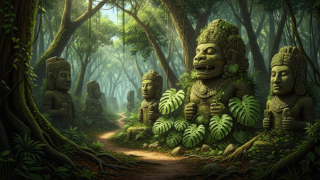 Stone statues stand in a verdant forest, their surfaces covered with moss and foliage. The artwork exhibits a blend of natural textures and detailed stonework. Warm lighting bathes the scene. Suitable for illustrating history, travel, culture, or fantasy concepts, with potential use in editorial or commercial projects.の素材
