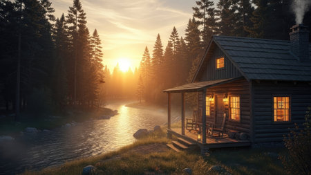 A cabin sits beside a river, bathed in the warm glow of sunset. The image displays a tranquil scene with a wooden structure, evergreen trees, and soft, diffused sunlight. The composition and lighting create a sense of peace, potentially suitable for travel, lifestyle, or environmental projects.の素材