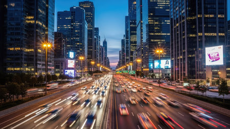 A bustling cityscape is captured at twilight, showcasing a multi-lane highway filled with moving vehicles. Skyscrapers and buildings line the road, their illuminated windows contrasting with the darkening sky. The photograph's composition emphasizes the urban environment and movement, suggesting potential use in various commercial applications.の素材