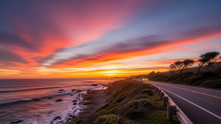 A scenic coastal highway stretches along the ocean under a vibrant sunset. The composition showcases the road's curvature, leading the eye toward the horizon. Vivid orange and pink hues paint the sky, complementing the ocean. This image is suitable for travel, scenic, and background uses.の素材
